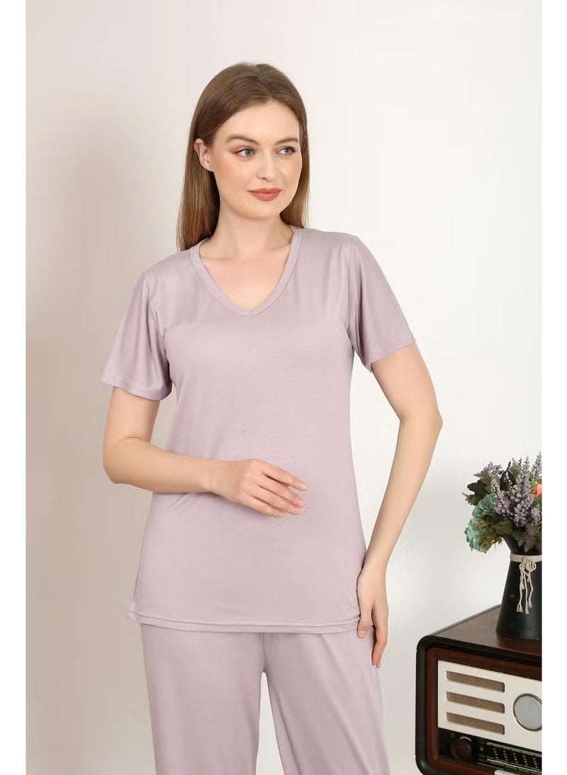 Akbeniz Women's Short Sleeve Cotton Combed Pajama Set Powder 4213 - Image 2